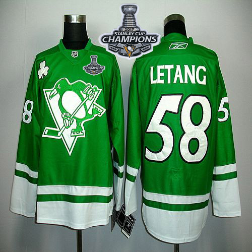 Penguins #58 Kris Letang Green St Patty's Day 2017 Stanley Cup Finals Champions Stitched NHL Jersey