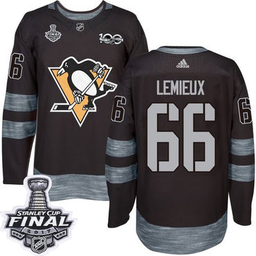 Penguins #66 Mario Lemieux Black 1917-2017 100th Anniversary Stanley Cup Final Patch Stitched NHL Jersey