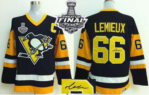 Penguins #66 Mario Lemieux Black CCM Throwback Autographed 2016 Stanley Cup Final Patch Stitched NHL Jersey