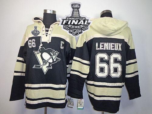 Penguins #66 Mario Lemieux Black Sawyer Hooded Sweatshirt 2016 Stanley Cup Final Patch Stitched NHL Jersey