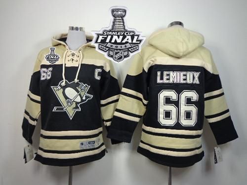 Penguins #66 Mario Lemieux Black Sawyer Hooded Sweatshirt 2016 Stanley Cup Final Patch Stitched Youth NHL Jersey
