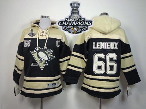 Penguins #66 Mario Lemieux Black Sawyer Hooded Sweatshirt 2017 Stanley Cup Finals Champions Stitched Youth NHL Jersey
