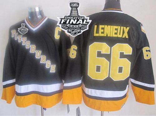 Penguins #66 Mario Lemieux Black Yellow CCM Throwback 2016 Stanley Cup Final Patch Stitched NHL Jersey