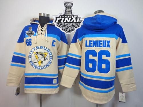 Penguins #66 Mario Lemieux Cream Sawyer Hooded Sweatshirt 2016 Stanley Cup Final Patch Stitched NHL Jersey