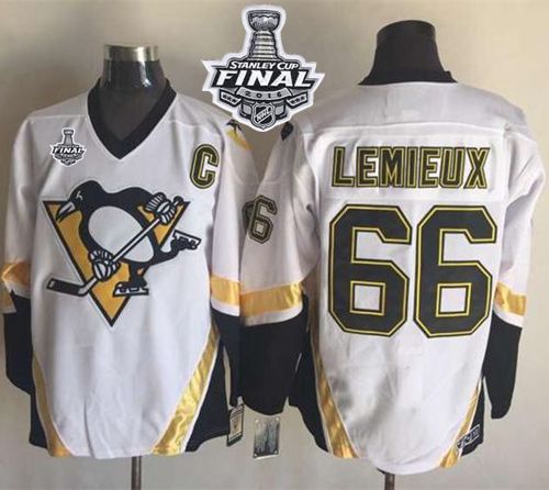 Penguins #66 Mario Lemieux White CCM Throwback 2016 Stanley Cup Final Patch Stitched NHL Jersey