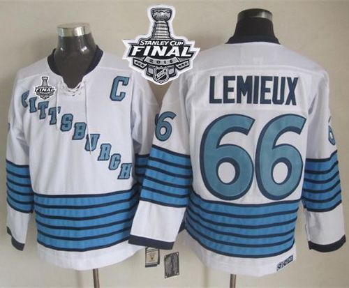 Penguins #66 Mario Lemieux White Light Blue CCM Throwback 2016 Stanley Cup Final Patch Stitched NHL Jersey