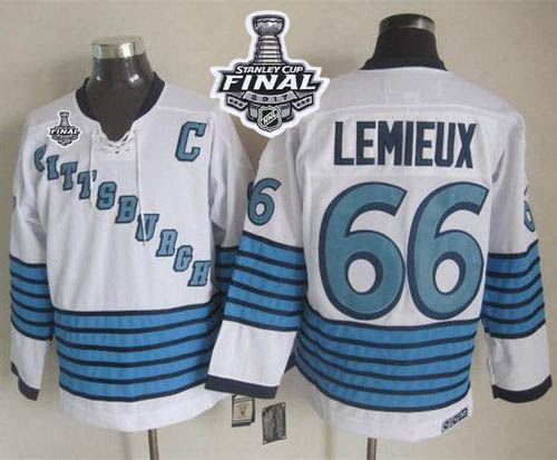 Penguins #66 Mario Lemieux White Light Blue CCM Throwback 2017 Stanley Cup Final Patch Stitched NHL Jersey