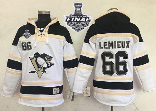 Penguins #66 Mario Lemieux White Sawyer Hooded Sweatshirt 2016 Stanley Cup Final Patch Stitched NHL Jersey