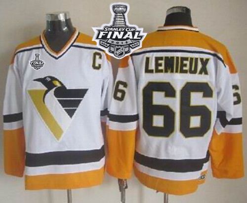 Penguins #66 Mario Lemieux White Yellow CCM Throwback 2016 Stanley Cup Final Patch Stitched NHL Jersey