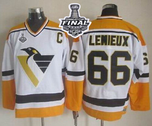 Penguins #66 Mario Lemieux White Yellow CCM Throwback 2017 Stanley Cup Final Patch Stitched NHL Jersey