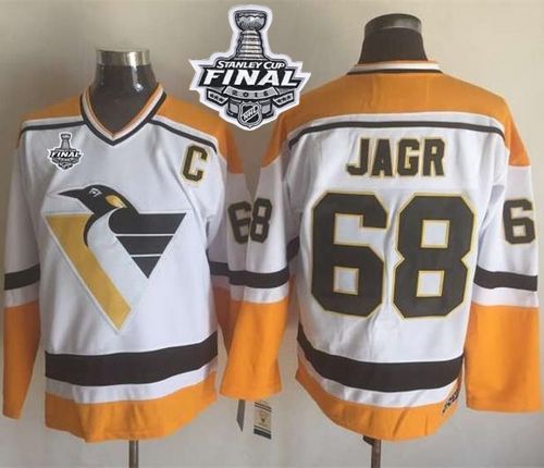 Penguins #68 Jaromir Jagr White Yellow CCM Throwback 2016 Stanley Cup Final Patch Stitched NHL Jersey