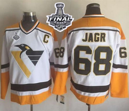 Penguins #68 Jaromir Jagr White Yellow CCM Throwback 2017 Stanley Cup Final Patch Stitched NHL Jersey