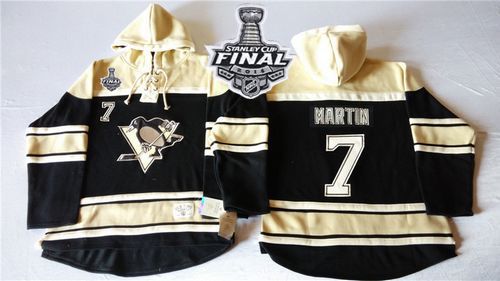 Penguins #7 Paul Martin Black Sawyer Hooded Sweatshirt 2016 Stanley Cup Final Patch Stitched NHL Jersey