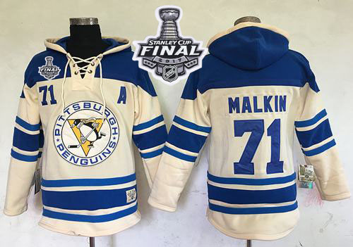 Penguins #71 Evgeni Malkin Cream Sawyer Hooded Sweatshirt 2017 Stanley Cup Final Patch Stitched NHL Jersey