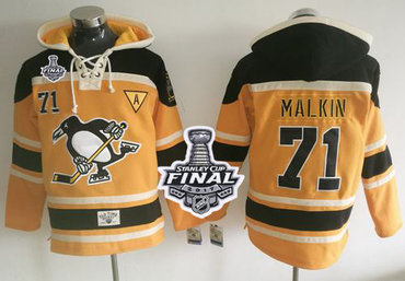 Penguins #71 Evgeni Malkin Gold Sawyer Hooded Sweatshirt 2017 Stanley Cup Finals Champions Stitched NHL Jersey