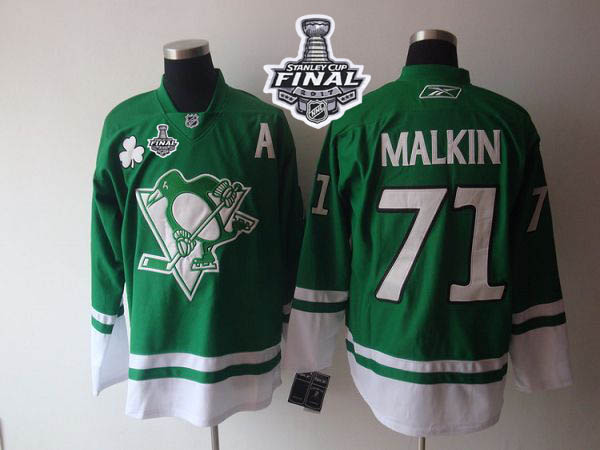 Penguins #71 Evgeni Malkin Green St Patty's Day 2017 Stanley Cup Final Patch Stitched NHL Jersey