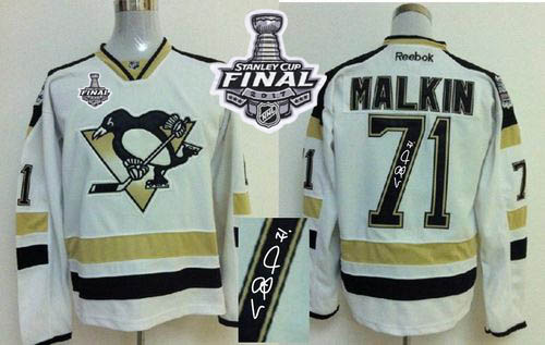 Penguins #71 Evgeni Malkin White 2014 Stadium Series Autographed 2017 Stanley Cup Final Patch Stitched NHL Jersey