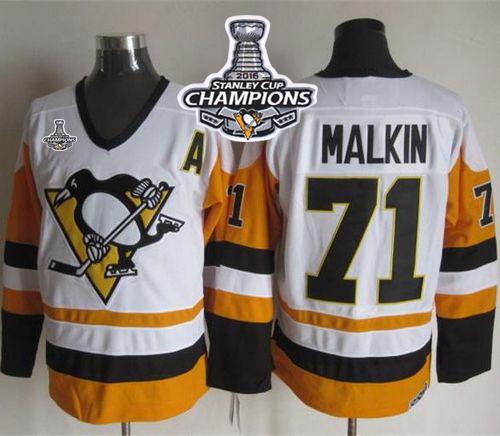 Penguins #71 Evgeni Malkin White Black CCM Throwback 2016 Stanley Cup Champions Stitched NHL Jersey