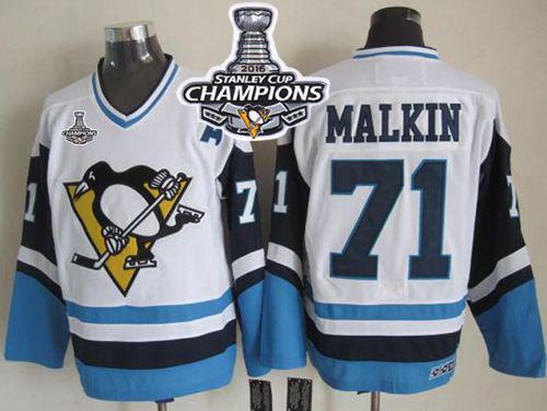 Penguins #71 Evgeni Malkin White Blue CCM Throwback 2016 Stanley Cup Champions Stitched NHL Jersey