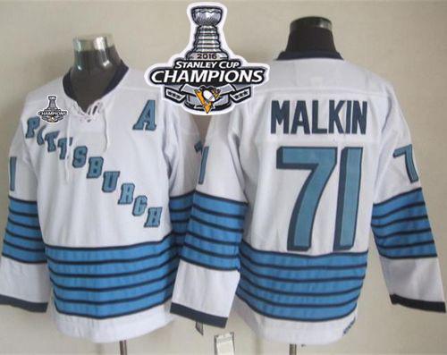 Penguins #71 Evgeni Malkin White Light Blue CCM Throwback 2016 Stanley Cup Champions Stitched NHL Jersey