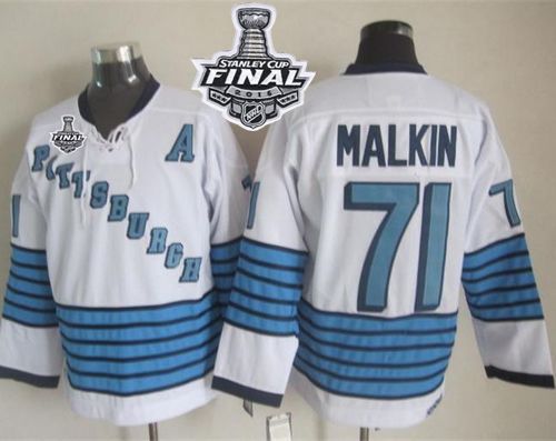 Penguins #71 Evgeni Malkin White Light Blue CCM Throwback 2016 Stanley Cup Final Patch Stitched NHL Jersey