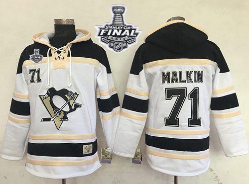 Penguins #71 Evgeni Malkin White Sawyer Hooded Sweatshirt 2016 Stanley Cup Final Patch Stitched NHL Jersey