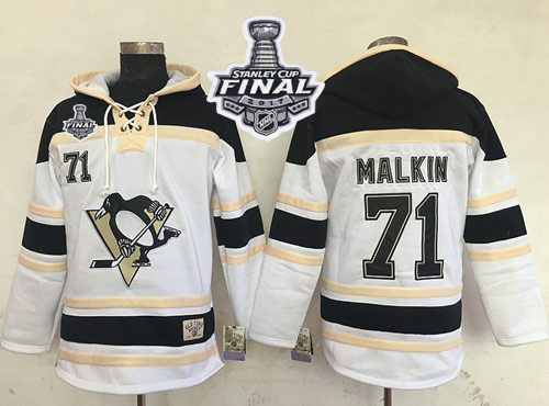 Penguins #71 Evgeni Malkin White Sawyer Hooded Sweatshirt 2017 Stanley Cup Final Patch Stitched NHL Jersey
