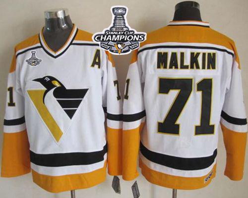 Penguins #71 Evgeni Malkin White Yellow CCM Throwback 2016 Stanley Cup Champions Stitched NHL Jersey