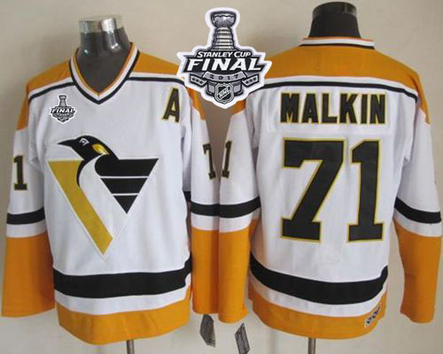 Penguins #71 Evgeni Malkin White Yellow CCM Throwback 2017 Stanley Cup Final Patch Stitched NHL Jersey