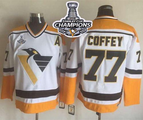 Penguins #77 Paul Coffey White Yellow CCM Throwback 2016 Stanley Cup Champions Stitched NHL Jersey