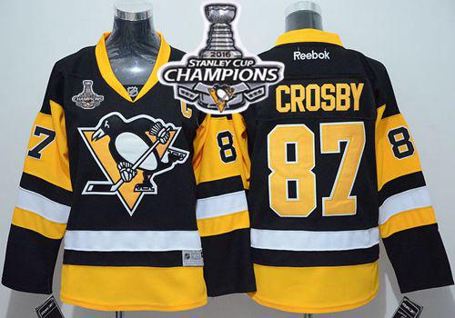 Penguins #87 Sidney Crosby Black 2016 Stanley Cup Champions Stitched Youth NHL Jersey-2