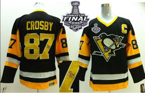 Penguins #87 Sidney Crosby Black CCM Throwback Autographed 2017 Stanley Cup Final Patch Stitched NHL Jersey