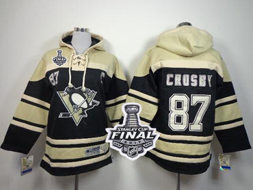Penguins #87 Sidney Crosby Black Sawyer Hooded Sweatshirt 2017 Stanley Cup Final Patch Stitched Youth NHL Jersey