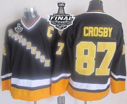 Penguins #87 Sidney Crosby Black Yellow CCM Throwback 2016 Stanley Cup Final Patch Stitched NHL Jersey