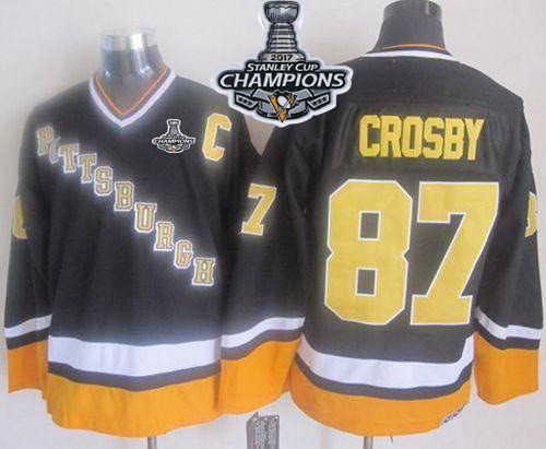 Penguins #87 Sidney Crosby Black Yellow CCM Throwback 2017 Stanley Cup Finals Champions Stitched NHL Jersey