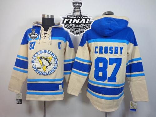 Penguins #87 Sidney Crosby Cream Sawyer Hooded Sweatshirt 2016 Stanley Cup Final Patch Stitched NHL Jersey