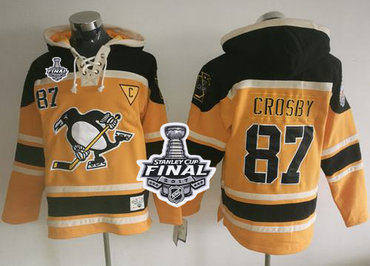 Penguins #87 Sidney Crosby Gold Sawyer Hooded Sweatshirt 2017 Stanley Cup Final Patch Stitched NHL Jersey