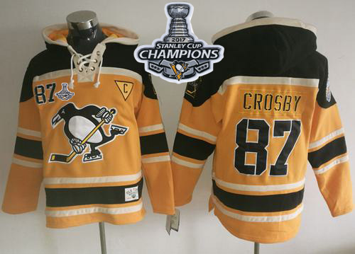Penguins #87 Sidney Crosby Gold Sawyer Hooded Sweatshirt 2017 Stanley Cup Finals Champions Stitched NHL Jersey