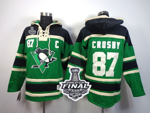 Penguins #87 Sidney Crosby Green St. Patrick's Day McNary Lace Hoodie 2017 Stanley Cup Final Patch Stitched NHL Jersey