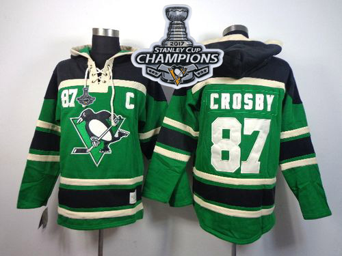 Penguins #87 Sidney Crosby Green St. Patrick's Day McNary Lace Hoodie 2017 Stanley Cup Finals Champions Stitched NHL Jersey