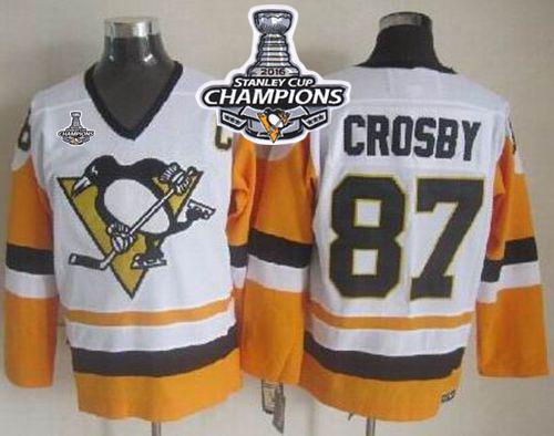 Penguins #87 Sidney Crosby White Black CCM Throwback 2016 Stanley Cup Champions Stitched NHL Jersey