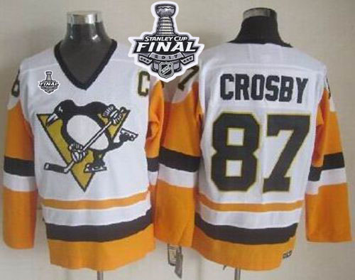 Penguins #87 Sidney Crosby White Black CCM Throwback 2017 Stanley Cup Final Patch Stitched NHL Jersey
