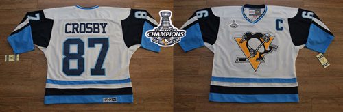 Penguins #87 Sidney Crosby White Blue CCM Throwback 2016 Stanley Cup Champions Stitched NHL Jersey