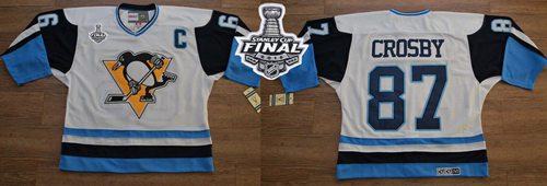 Penguins #87 Sidney Crosby White Blue CCM Throwback 2016 Stanley Cup Final Patch Stitched NHL Jersey