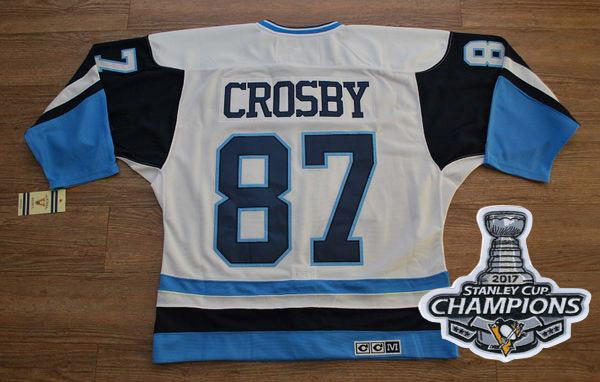 Penguins #87 Sidney Crosby White Blue CCM Throwback 2017 Stanley Cup Finals Champions Stitched NHL Jersey