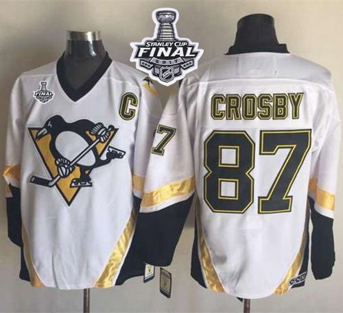 Penguins #87 Sidney Crosby White CCM Throwback 2017 Stanley Cup Final Patch Stitched NHL Jersey