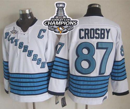 Penguins #87 Sidney Crosby White Light Blue CCM Throwback 2016 Stanley Cup Champions Stitched NHL Jersey