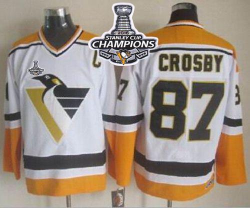 Penguins #87 Sidney Crosby White Yellow CCM Throwback 2016 Stanley Cup Champions Stitched NHL Jersey