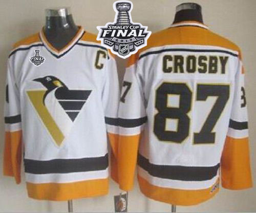 Penguins #87 Sidney Crosby White Yellow CCM Throwback 2017 Stanley Cup Final Patch Stitched NHL Jersey