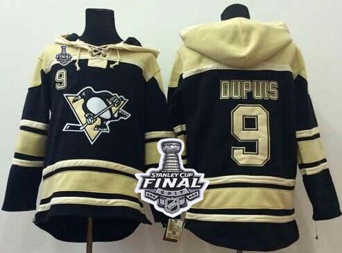 Penguins #9 Pascal Dupuis Black Sawyer Hooded Sweatshirt 2017 Stanley Cup Final Patch Stitched NHL Jersey